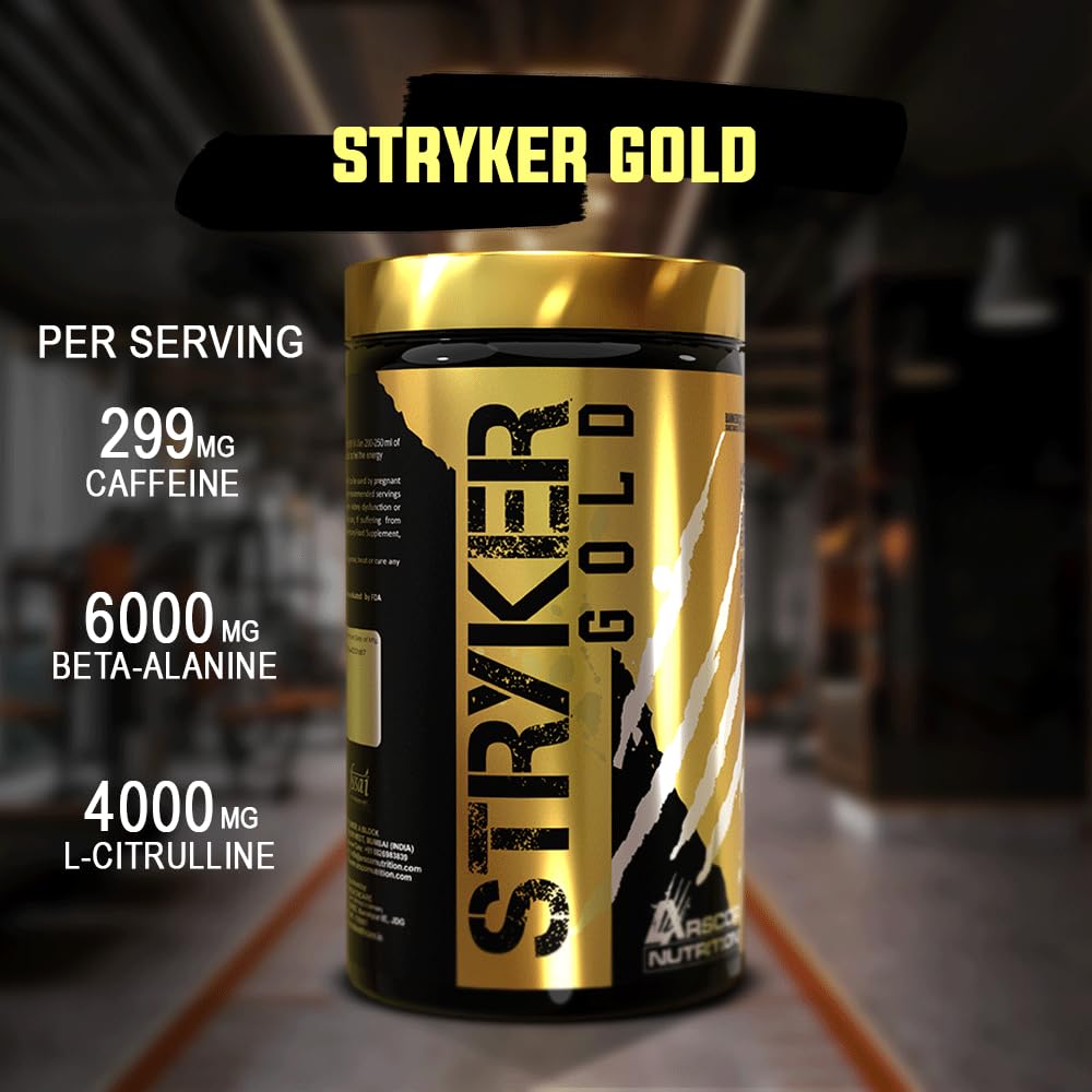 Stryker Gold Strongest Pre-Workout Supplement for Men with Citrulline, Beta-Alanine, Caffeine | Pre-workout for Men & Women (390g, Orange Mango)