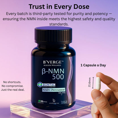 BVERGE® NMN Supplement 500mg |100% Purity | BONTAC Pro NMN World's Most Trusted & Trusted by Experts | Healthy Ageing | Repair Cells | Enhance Muscle | Neuro Function (500MG 30 Capsules)