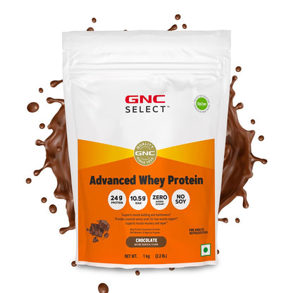 GNC Select Advanced Whey Protein | 24g Protein & 10.5g EAAs | Isolate & Concentrate Blend | Zero Added Sugar | No Soy | Supports Muscle Growth, Recovery & Strength | Enhanced with DigeZyme® for Better Digestion & Easy Absorption | Chocolate, 1 kg