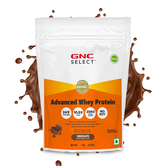 GNC Select Advanced Whey Protein | 24g Protein & 10.5g EAAs | Isolate & Concentrate Blend | Zero Added Sugar | No Soy | Supports Muscle Growth, Recovery & Strength | Enhanced with DigeZyme® for Better Digestion & Easy Absorption | Chocolate, 1 kg