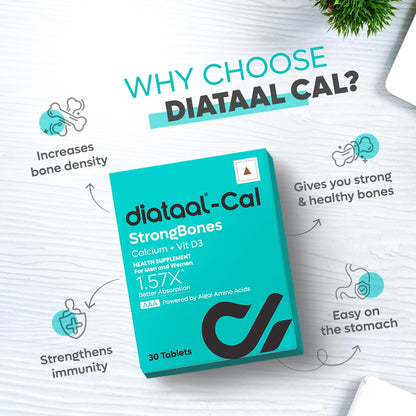 Diataal Cal StrongBones | Active Absorbable Calcium + Vit D3 for Strong bones | Calcium Tablets for Men & Women & Kids | Using Patented Japanese technology | 30 tabs