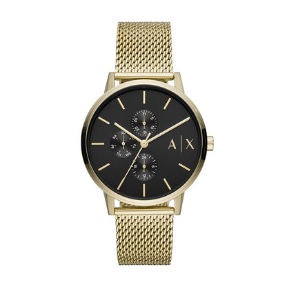 Armani Exchange Mens Stainless Steel Three Hand Dress Analog Watch, Black/Gold Mesh, Band Color:Gold