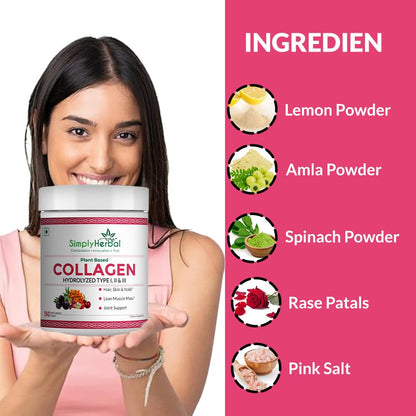 Simply Herbal Plant Based Collagen Powder Natural Peptide Builder Supplement Drink With Vitamin C, Silica, & Biotin For Skin Hair Nail Health Promote Bone Joint Function for Men & Women – 150 gm