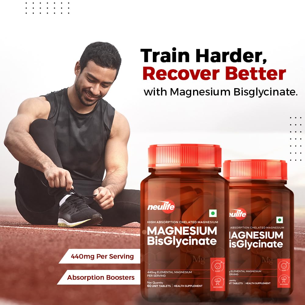 Neulife Magnesium Bisglycinate 440 mg Supplement | High Absorption-High Potency Formula | Supports Sleep, Recovers Muscles | (60tabs)