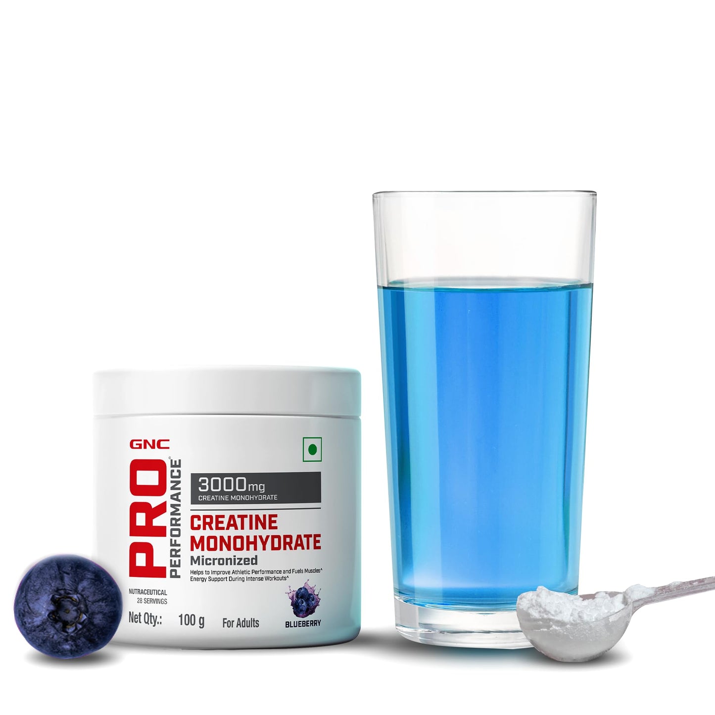 GNC Pro Performance Pure Micronized Creatine Monohydrate Powder | 100 Gm | Blueberry | Instantized | Increase Muscle Mass | Rapid Absorption | Lab Tested | Boosts Athletic Performance | Imported