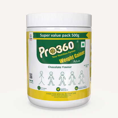 Pro360 WeightGainer Pro for Women & Men 500g | Calorie Rich Supplement with Triple Protein Source & 25 Nutrients for Healthy Weight Gain | Muscle Gainer Protein Powder | Chocolate Flavour