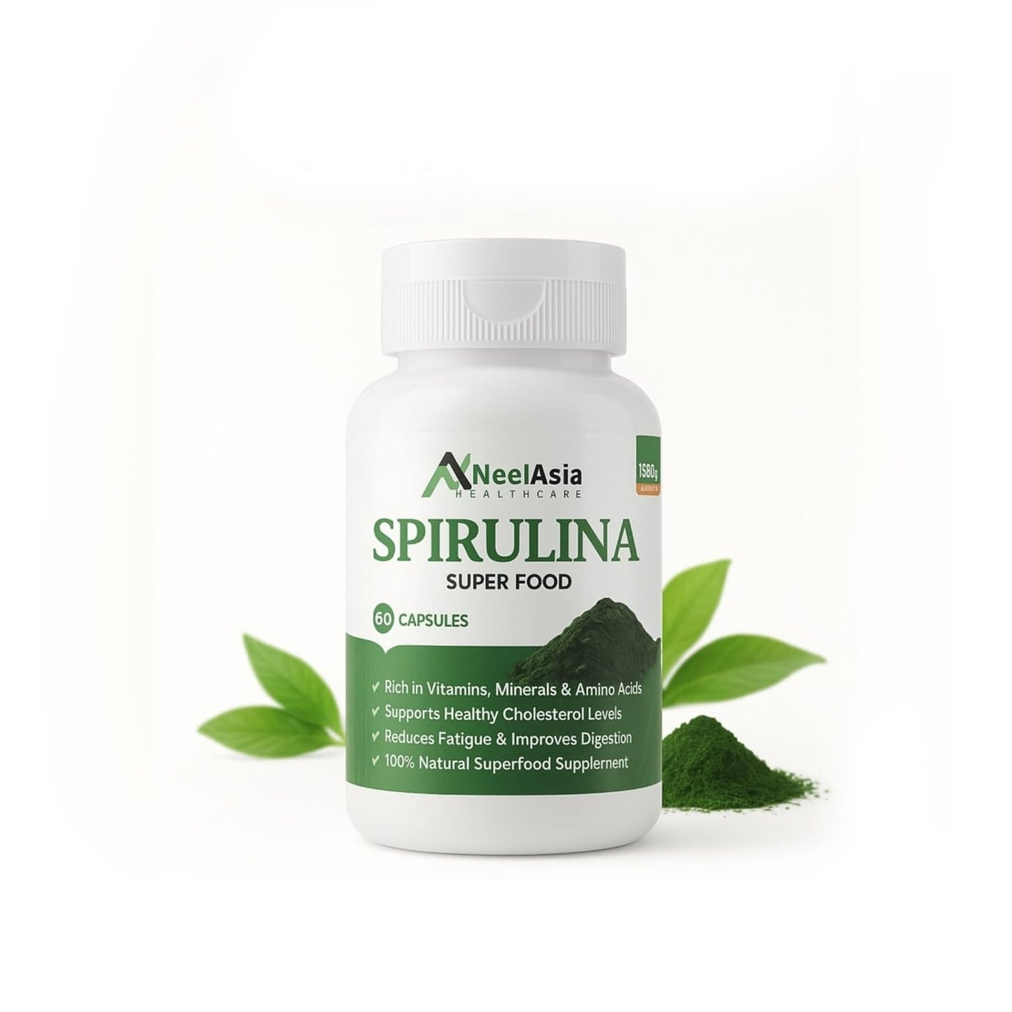 Neelasia 100% Organic Spirulina Capsules (1500mg Per Serving) | Natural Superfood Supplement | Rich in Protein, Iron & Antioxidants | Supports Immunity, Energy & Detox | 60 Capsules