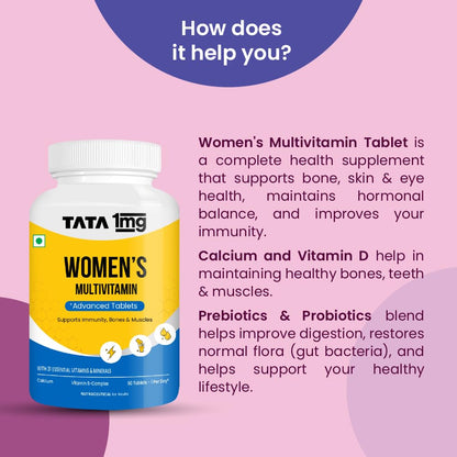 Tata 1mg Women's Multivitamin Veg Tablet with Zinc, Vitamin C, Calcium, Vitamin D and Iron, Support Health Protection, Bones & Overall Health (Pack Of 60 Tablets)