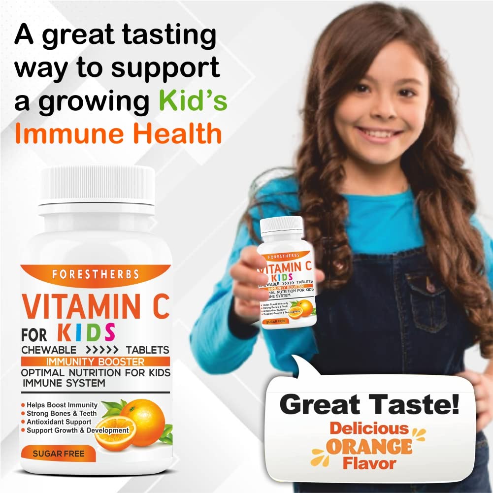 FORESTHERBS Vitamin C immunity Booster For Kids With Zinc supplements, Citrus Bioflavonoids, Superfoods, Amla, Acerola Cherry, Acai Berry, & Ginger Powder Extract - 60 No Sugar chewable Tablet pack