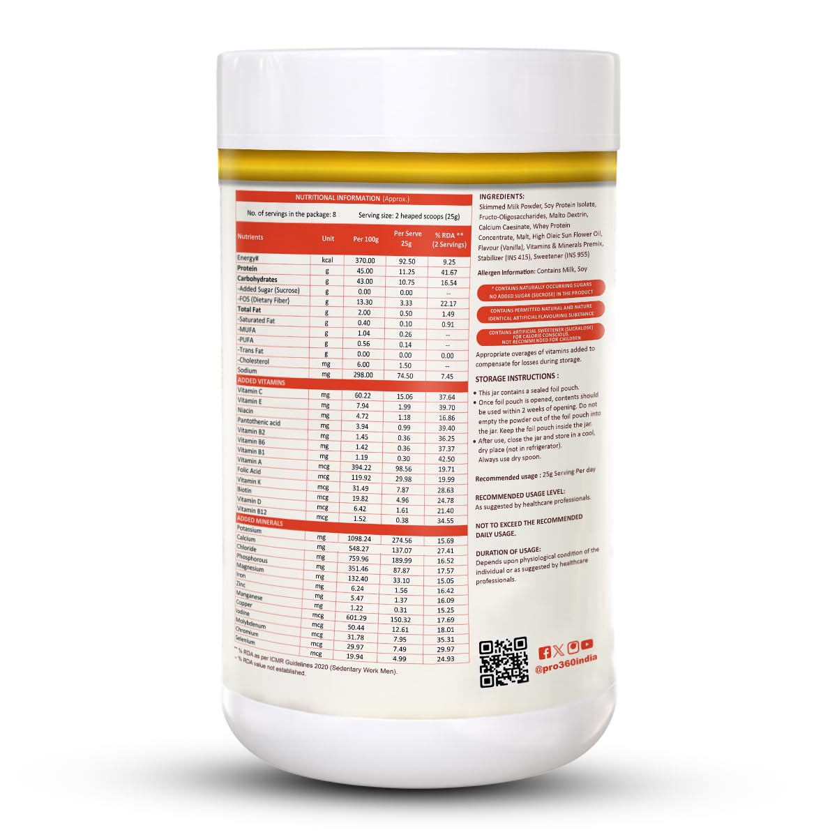 Pro360 Protifib HPHF High Protein High Fiber Nutritional Supplement Powder for Recovery from Critical Illness with 30 Vital Nutrients - 45g of Protein, 13g of Fiber - Vanilla Flavor - 200g pack