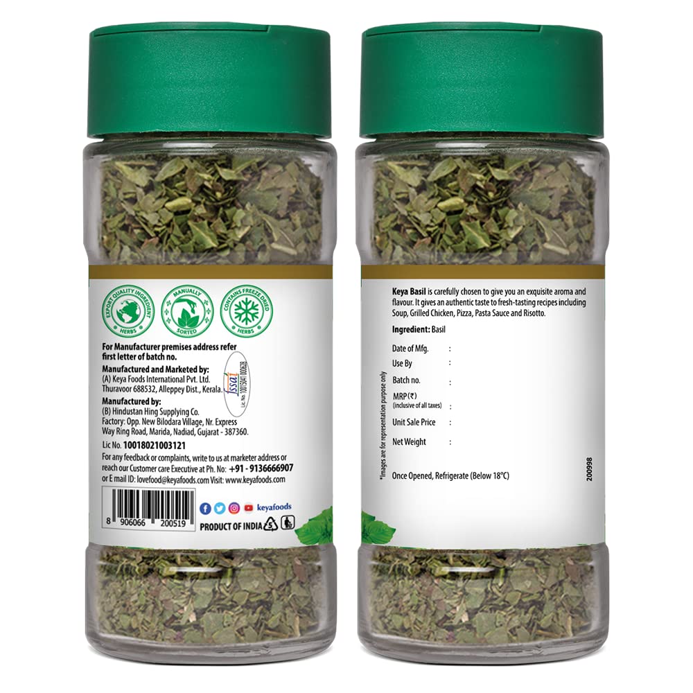 Keya Basil | Freeze Dried | Seasoning for Pasta, Pizzas, Soups, and Salads | Rich in Antioxidants & Supports Digestion | No Artificial Flavours or Colours | 12g