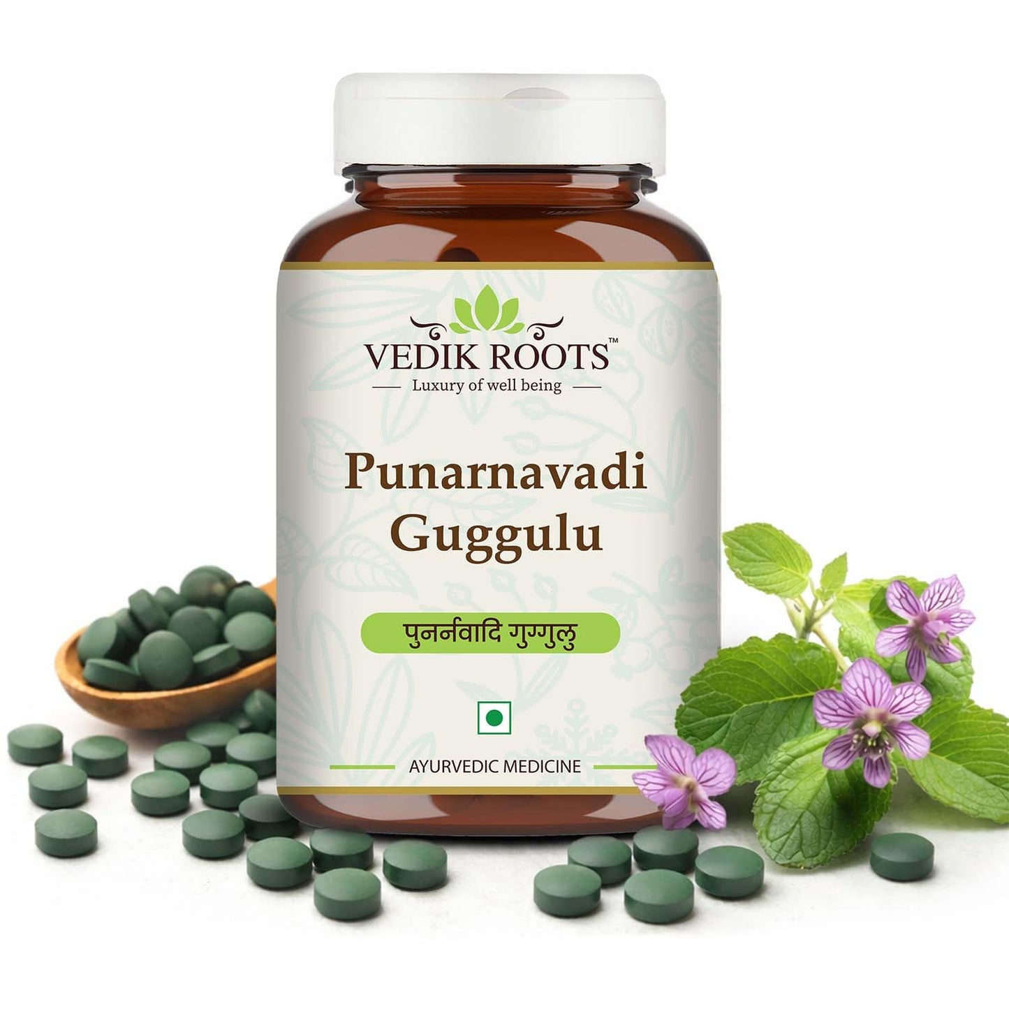 Vedikroots Punarnavadi Guggulu - Natural Diuretic | Promotes Healthy Liver & Kidney Functions | Ayurvedic Supplement for Swelling | 60 Tablets | Pack of 1