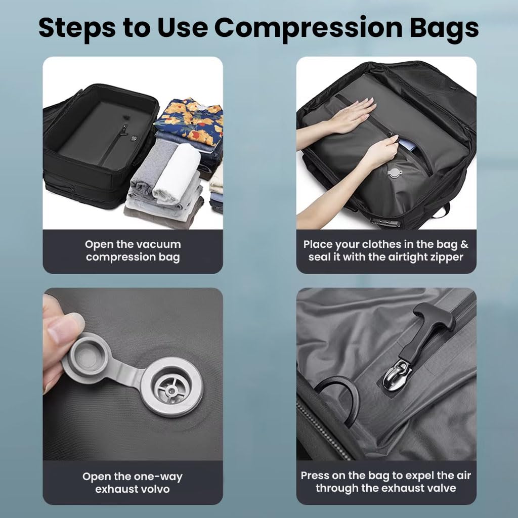 TECPHILE AirPack Backpack with Vacuum Compression 60L Large Capacity Expandable Bag, 19” Laptop Compartment, Waterproof, TSA Lock, Anti-Theft, Charging Port Electronic Weighing Handle (with Pump)