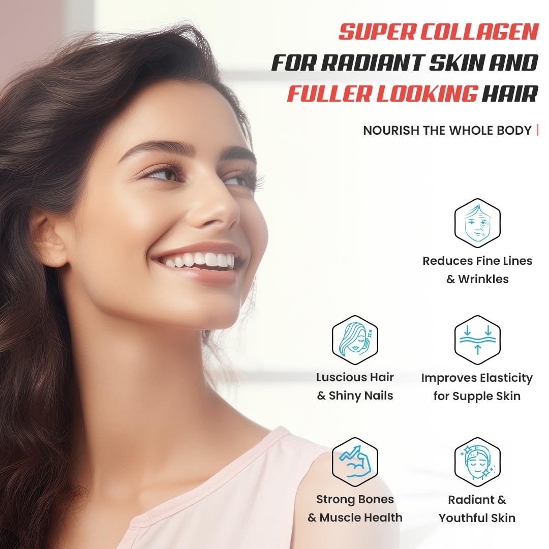 NATURYZ Marine Collagen Skin X5 for Women & Men | Premium Collagen Peptides | Power of 5 Blends | Hyaluronic acid, Biotin & Vitamin E | Supports Skin Radiance, Healthy Hair, Nails, Bone & Joints – 240g(Lemon Flavour)