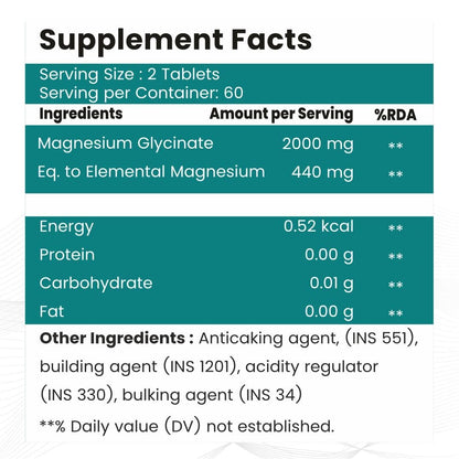 Pure Magnesium Glycinate - Maximum Strength Chelated Magnesium Supplement for Women and Men for Muscle Cramps, Sleep Support and Nerve Health- 2000mg Per Serving, 120 Vegetarian Tablets