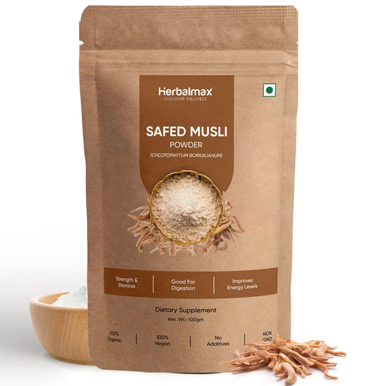 Herbal max Organic Safed Musli Root Powder | Ayurvedic Support for Vitality & Performance | Herbal Supplement | Strength & Stamina - 100 gm (Pack Of 2)