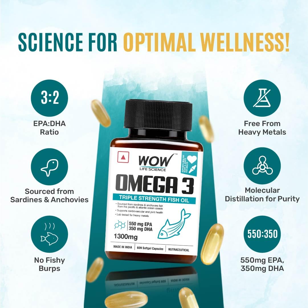 WOW Omega-3 Fish Oil 1300 mg Triple Strength 550mg EPA 350mg DHA, Burpless, Mercury free, Ideal for Keto Diet