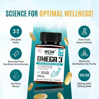 WOW Omega-3 Fish Oil 1300 mg Triple Strength 550mg EPA 350mg DHA, Burpless, Mercury free, Ideal for Keto Diet