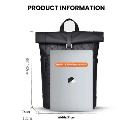 REDHORNS 30L Waterproof 15.6-inch Laptop Roll Top Backpack for Men and Women, Unisex PU Leather Laptop Bag for Office, School, College, Business Bag with Multiple Compartments (Black)