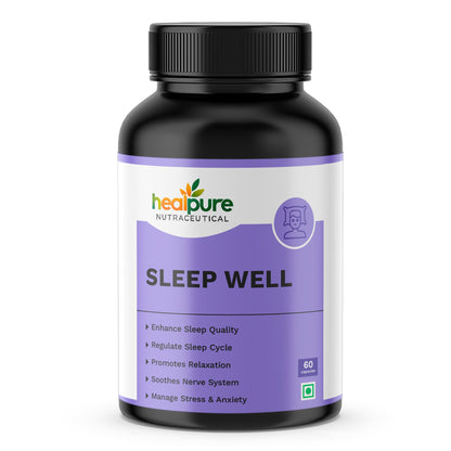 HEALPURE NUTRACEUTICAL Sleep well Support with Melatonin. Valerian root extract. Chamomile flower extract, L- Theonine and Magnesium Bisglycinate for Restful Sleep and Relaxation- (60 Capsules)