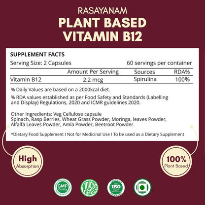 Rasayanam Plant Based Vitamin B12 supplement for Men & Women (120 Capsu- image 2