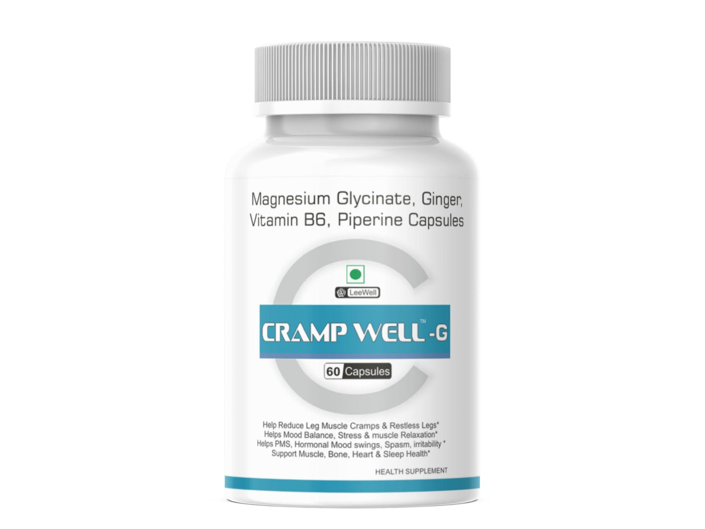Crampwell -G Magnesium Supplement | Ginger, Vitamin B6, Piperine | Helps Menstrual Cramps, PMS, Muscle Stiffness, Tired Nerves, Calf Pain, Contractions, Stomach Spasms relief support - 60 capsules