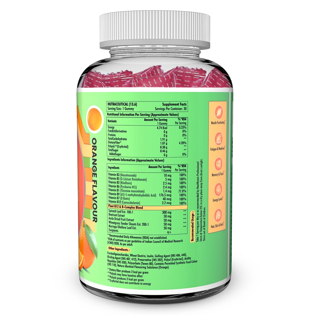 NATURYZ Plant-Based Vitamin B12 + B Complex Multivitamin Gummies for Vegetarians | Natural Energy, Better Mood & Metabolism Support | Fortified with Spinach, Moringa & Beetroot | Enhanced Absorption & Bioavailability | No Gelatin, No Added Sugar- 30 gummi