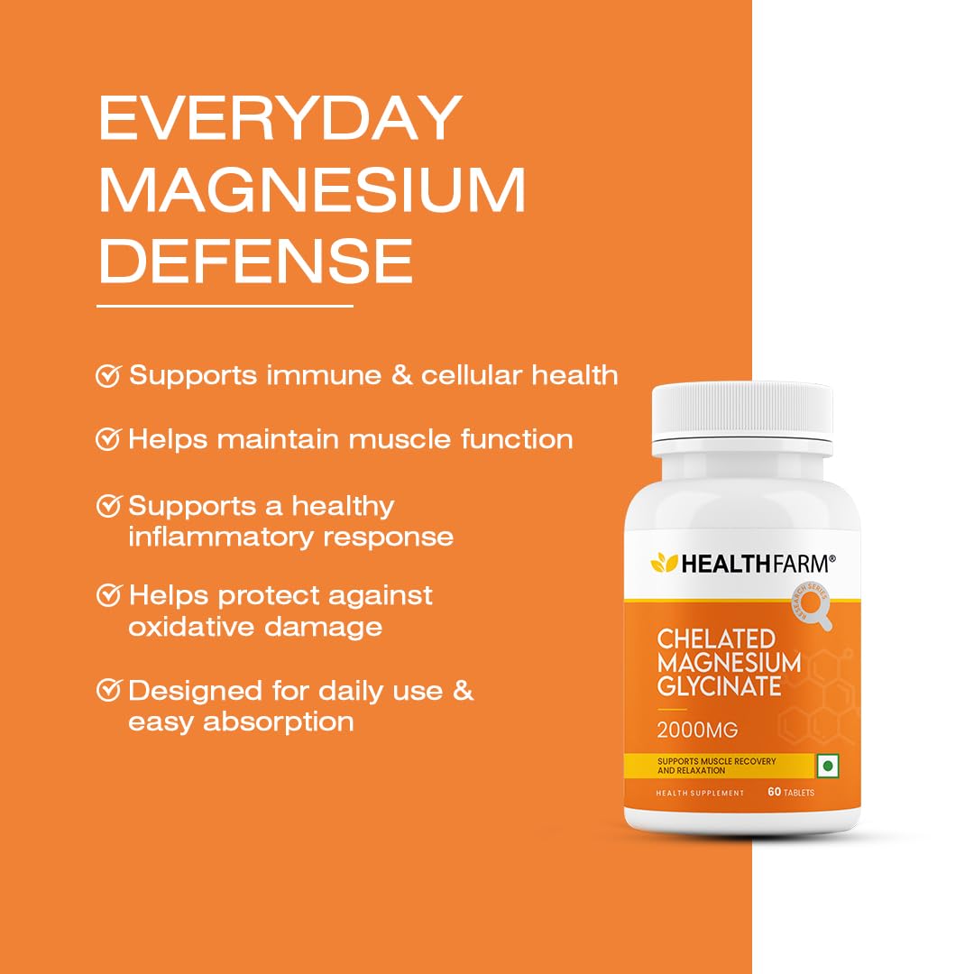 Healthfarm Chelated Magnesium Glycinate 2000mg Tablets | High Absorption Formula | Muscle Recovery Support | 60 Tabs