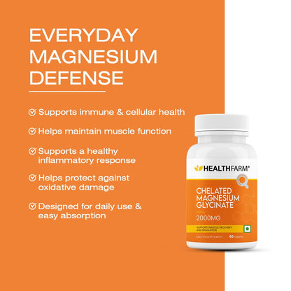 Healthfarm Chelated Magnesium Glycinate 2000mg Tablets | High Absorption Formula | Muscle Recovery Support | 60 Tabs