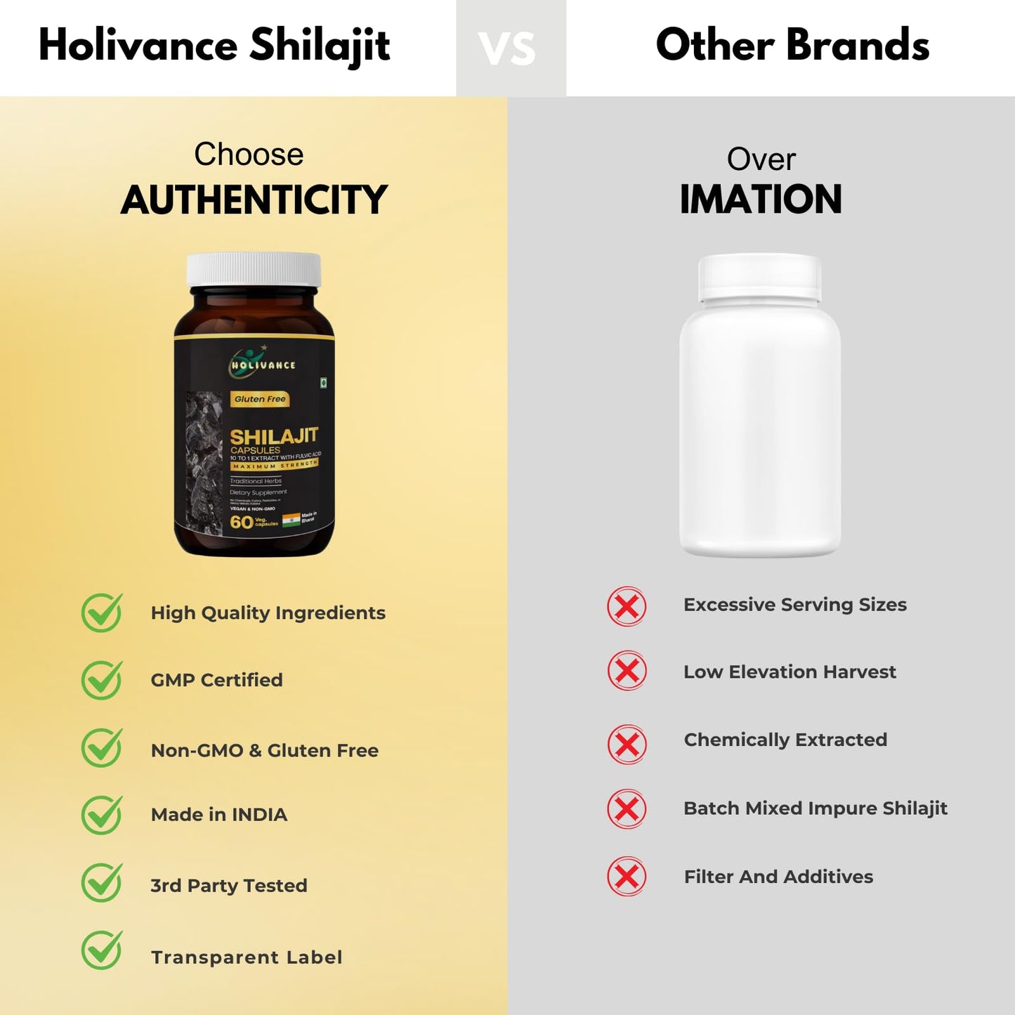 HOLIVANCE Himalayan Shilajit 500mg Maximum Potency Organic Capsules 60 Count with Fulvic Acid & Trace Minerals for Enhanced Energy and Immune Support Men & Women