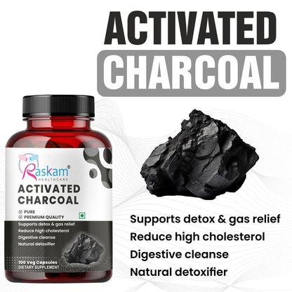 Raskam Activated Charcoal | Helps in Digestion, Bloating, Liver & Kidney Detox | 100 Veg Capsules