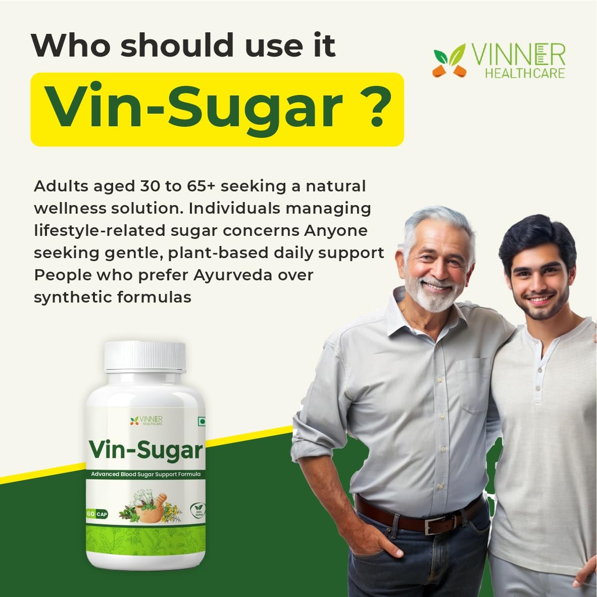 Vinner Healthcare Vin-Sugar Advanced Blood Sugar Support Formula, 60 Capsules, Ayurvedic Herbal Supplement (For both Men and Women)