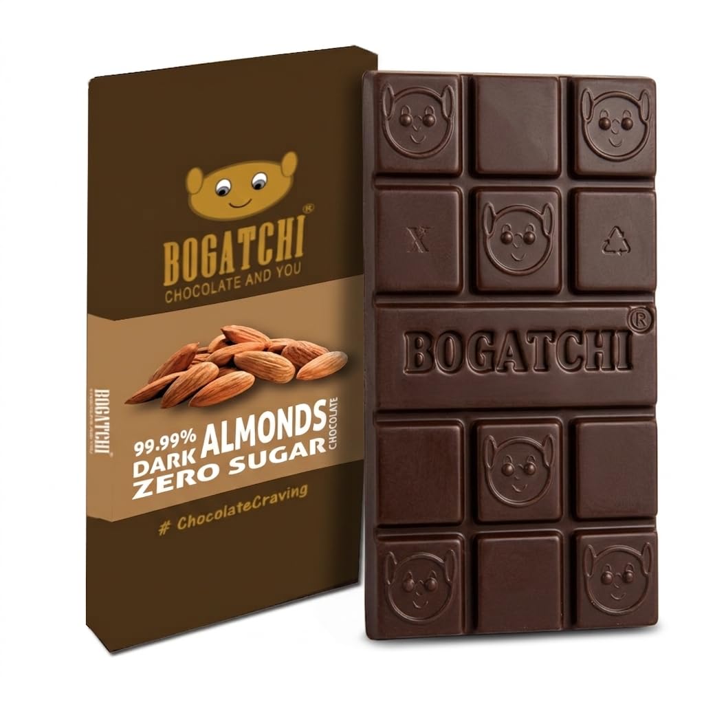 BOGATCHI Premium 99% Dark Chocolate with Almonds, 60g | Intense Real Cocoa Dark Chocolate Bar | Rich Antioxidant Gourmet Chocolate | Roasted Almonds | No Artificial Flavours | Indulgent Healthy Snack