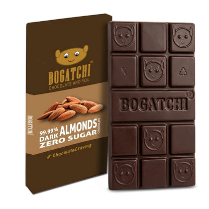 BOGATCHI Premium 99% Dark Chocolate with Almonds, 60g | Intense Real Cocoa Dark Chocolate Bar | Rich Antioxidant Gourmet Chocolate | Roasted Almonds | No Artificial Flavours | Indulgent Healthy Snack
