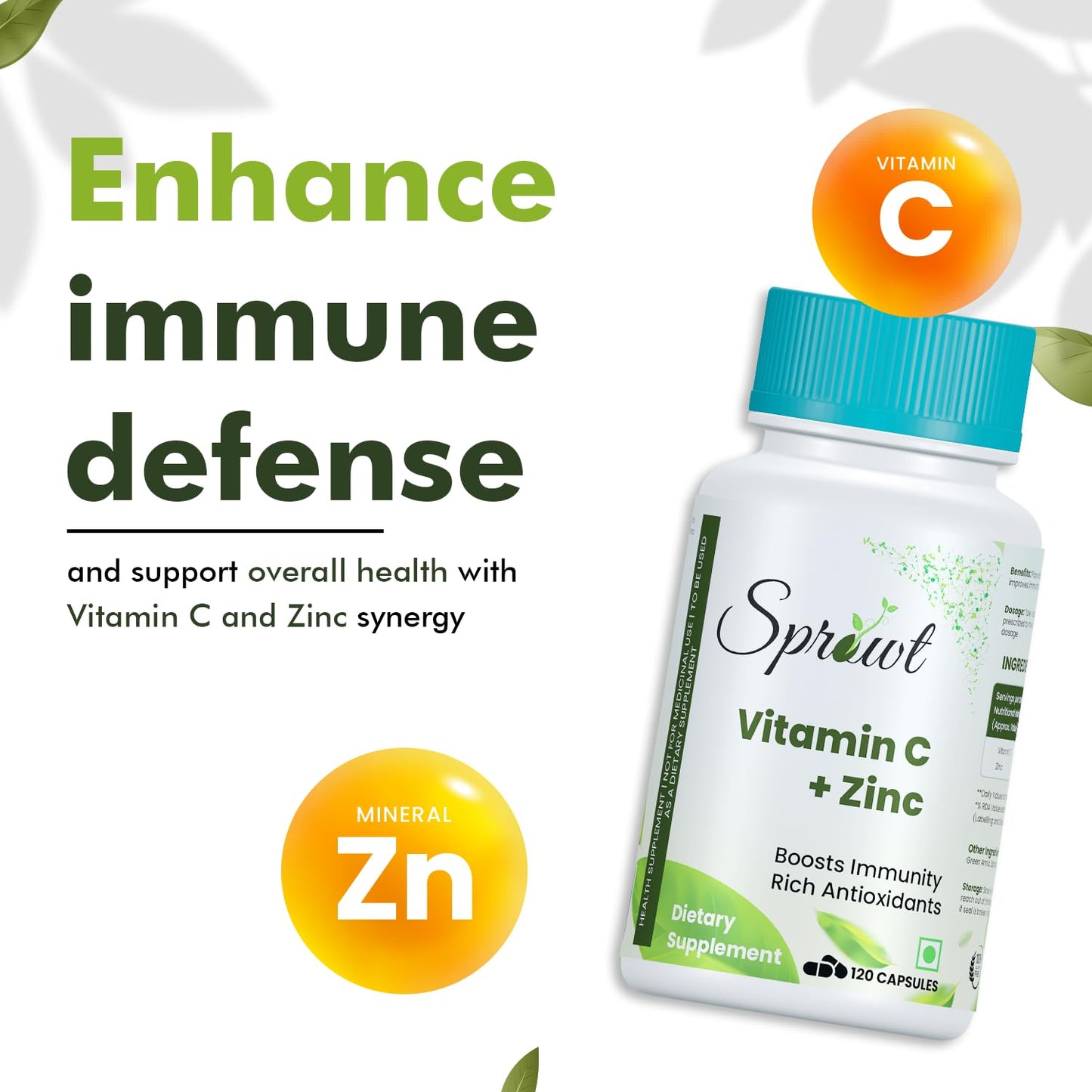 Sprowt Plant-Based Vitamin C with Zinc Capsules - Immune support supplement, Collagen Boost, Nutrient Absorption, Antioxidant Rich - Gluten-Free Formula