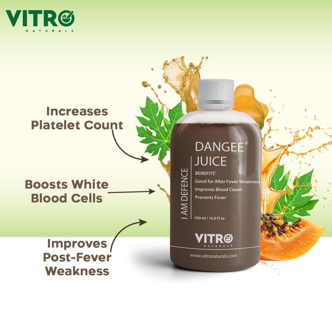 Vitro Dangee+ Juice 500ml | Papaya Leaf Juice with 7 Herbs Fresh Papaya Giloy, Neem, Tulsi & Mulethi | Supports Immunity & Healthy Boost Platelet Count |