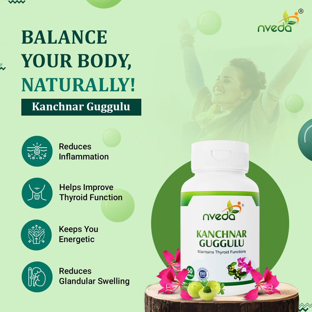 Nveda Kanchnar Guggulu Capsules | Ayurvedic Thyroid Support Supplement with Kanchanar Bark & Guggul | Supports Hormonal Balance & Metabolism | 60 Capsules