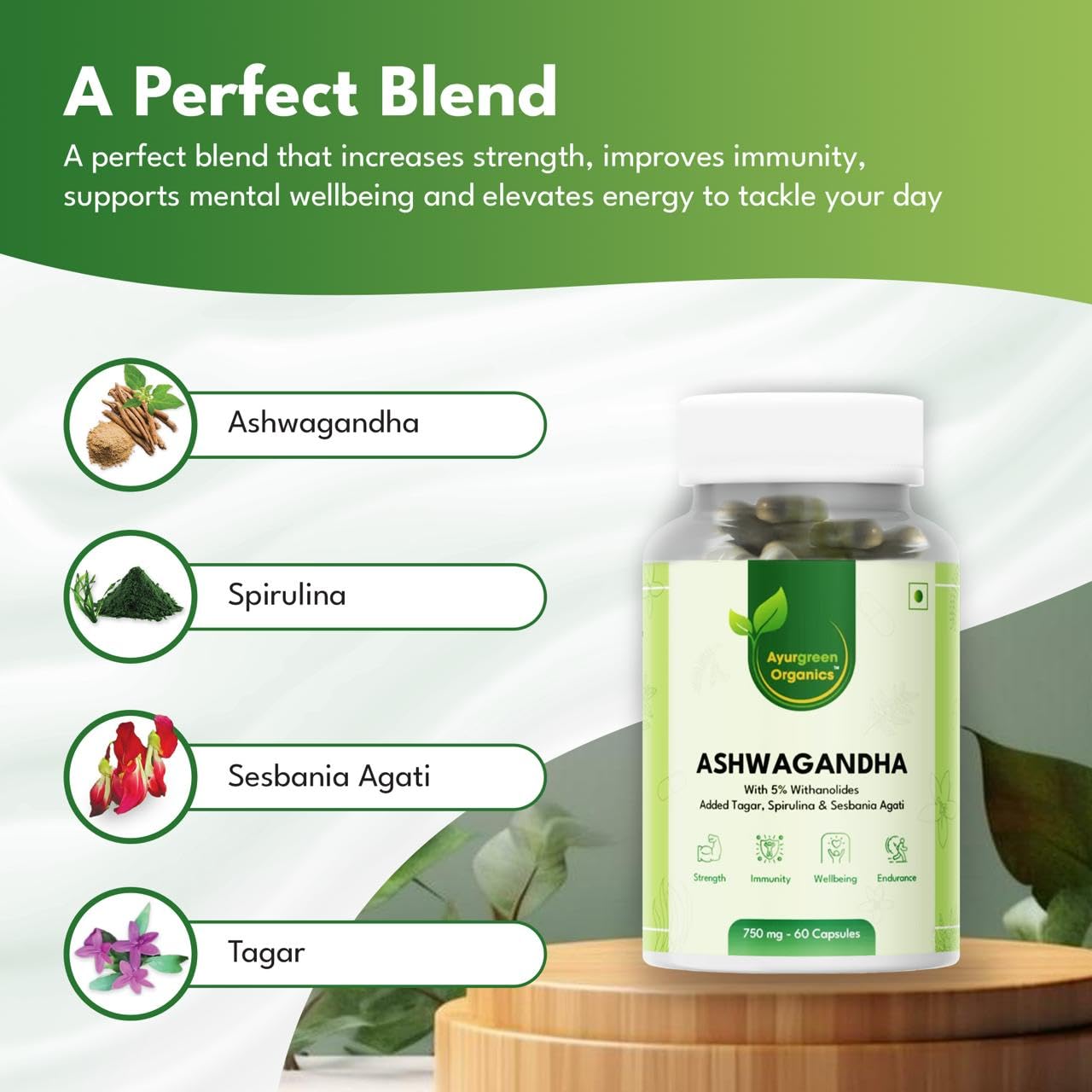 Ayurgreen Organics Ashwagandha 750mg | 60 Veg Capsules | Enriched with Tagar, Spirulina & Sesbania Agati | 5% Withanolides | Pure & Plant-Based Ayurvedic Supplement for Stress Relief, Energy & Immunity