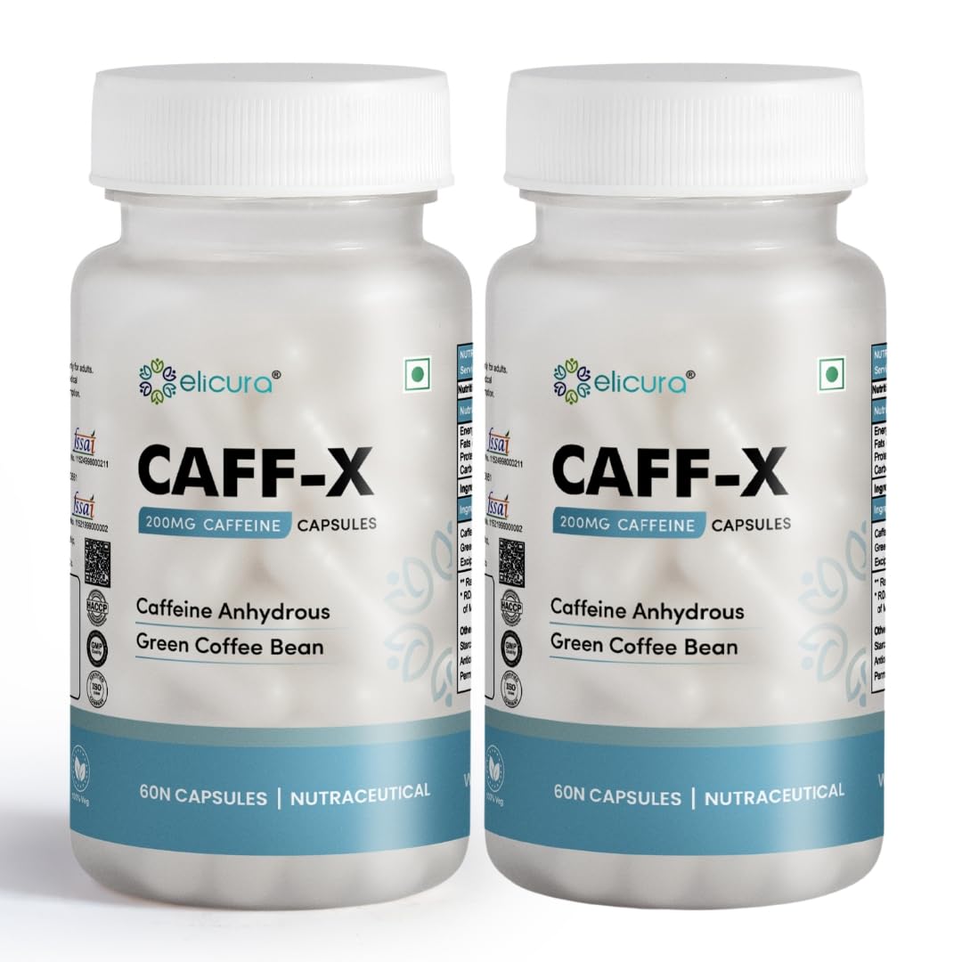 Elicura Caff-X Energy Boost Capsules | 200mg Caffeine for Focus, Mental Alertness & Performance | Green Coffee Bean Extract for Metabolism & Fat Burning | Supports Physical Endurance & Weight Management - 60 Veg Capsules (Pack of 2)
