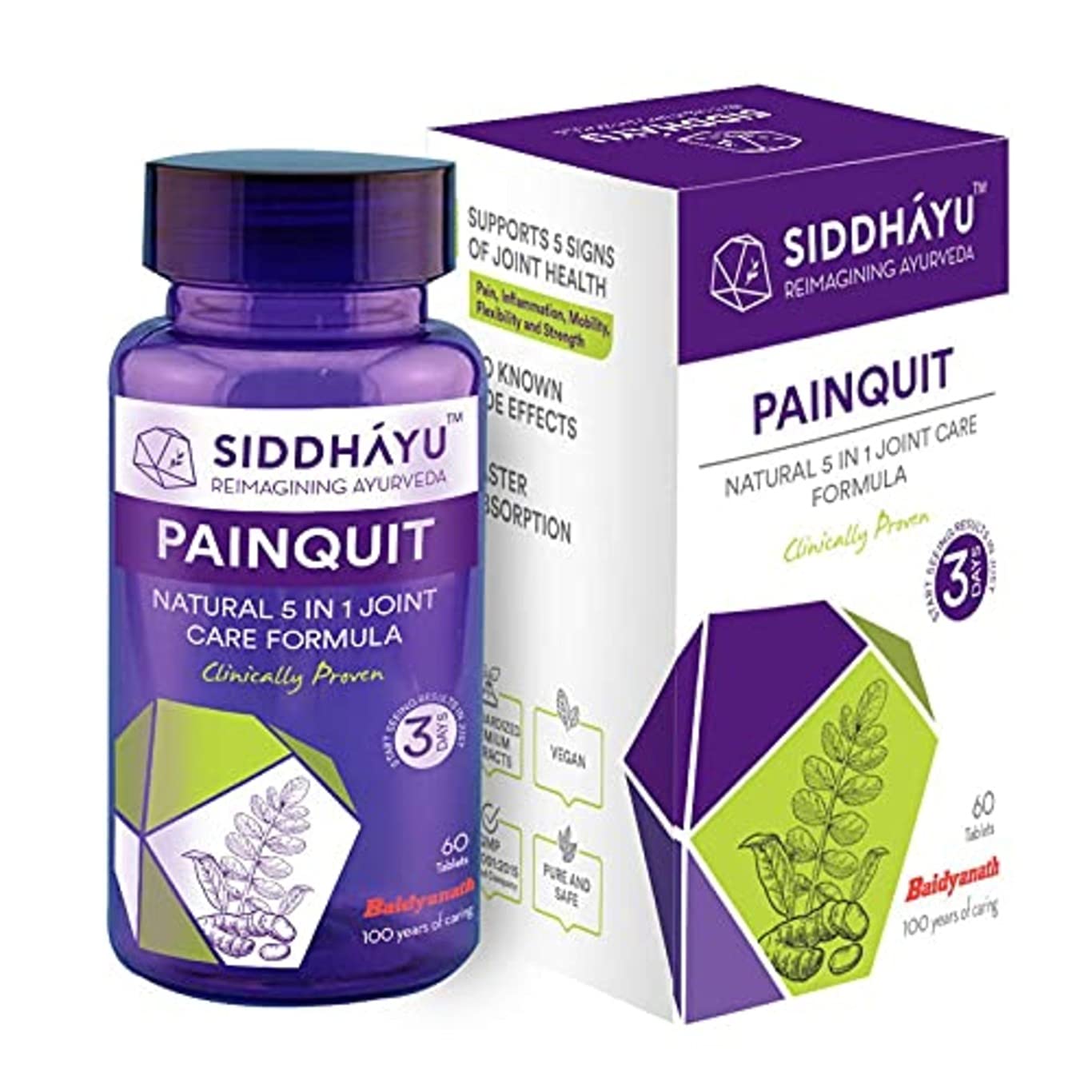 Siddhayu Painquit Joint Care - 60 Tablets (From the house of Baidyanath) Ayurvedic Pain Killer I Bones & Joint Support With Boswellia Serrata