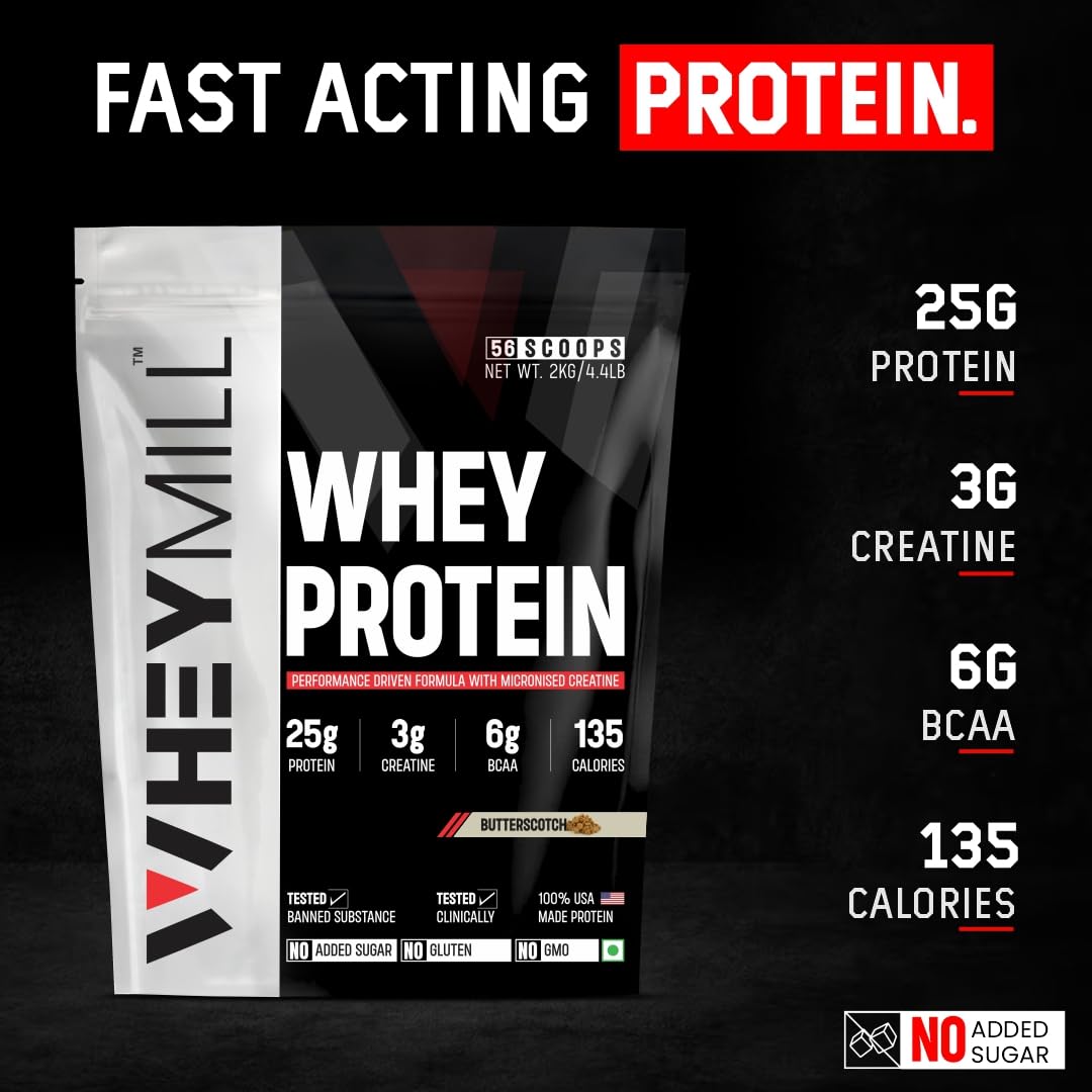 WHEYMILL 100% Whey Protein | 25g Protein, 3g Creatine, 6g BCAA | Easy Mixing, Low Carbs Whey Protein Supplement Powder with Creatine for Men, Women & Athletes (2 Kg/4.4lb | 56 Servings | Butterscotch)