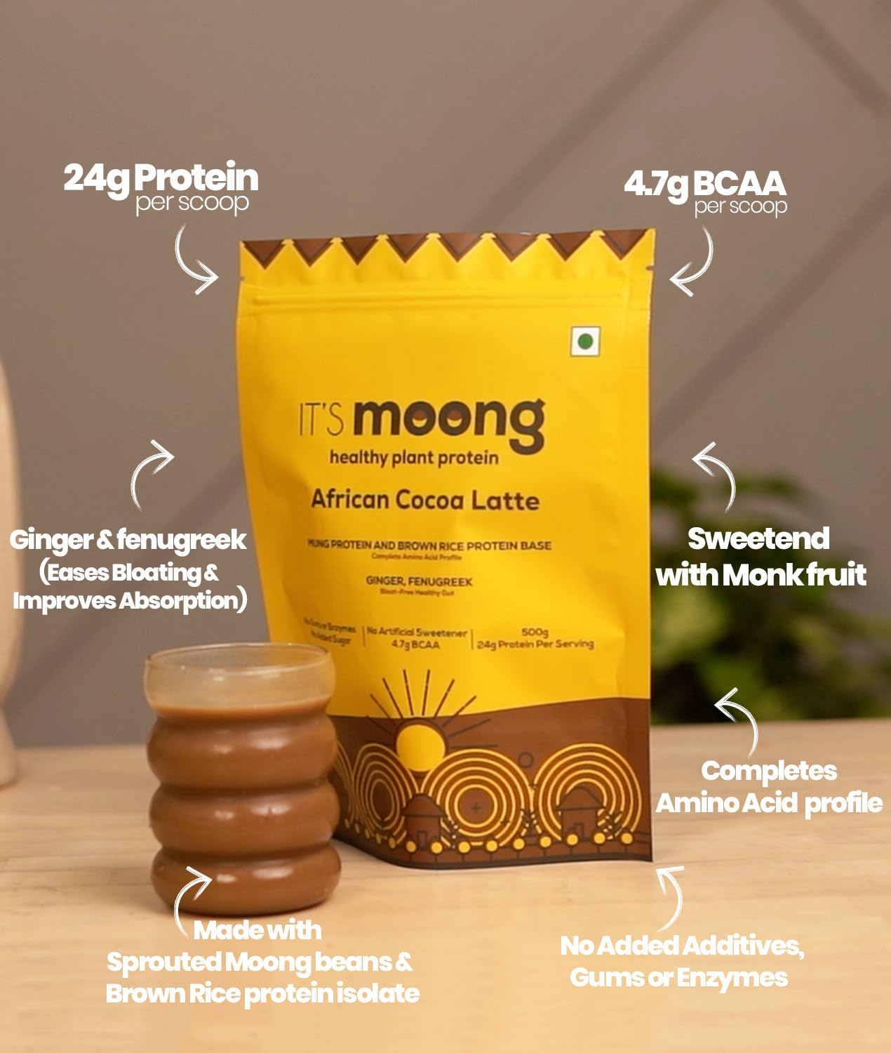 It's Moong Mung Bean & Brown Rice Isolate Plant Protein Powder for Men & Women | 24gms per serve 4.7gms BCAA| African Cocoa Latte | 500gms | Sprouted Plant based protein | Plant Protein