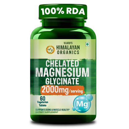 Vlado's Himalayan Organics Chelated Magnesium Glycinate Supplement 2000mg Per Serving | Magnesium Supplement Supports | Clinically Approven | Muscle Recovery & Better Sleep - 60 Veg Tablets