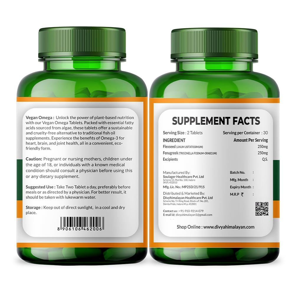Divya Himalayan Vegan Omega 3-6-9 Tablets | 100% Natural & Vegan Omega Fatty Acids | Supports Heart, Brain, Joint & Skin Health | 60 Tablets