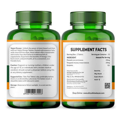 Divya Himalayan Vegan Omega 3-6-9 Tablets | 100% Natural & Vegan Omega Fatty Acids | Supports Heart, Brain, Joint & Skin Health | 60 Tablets