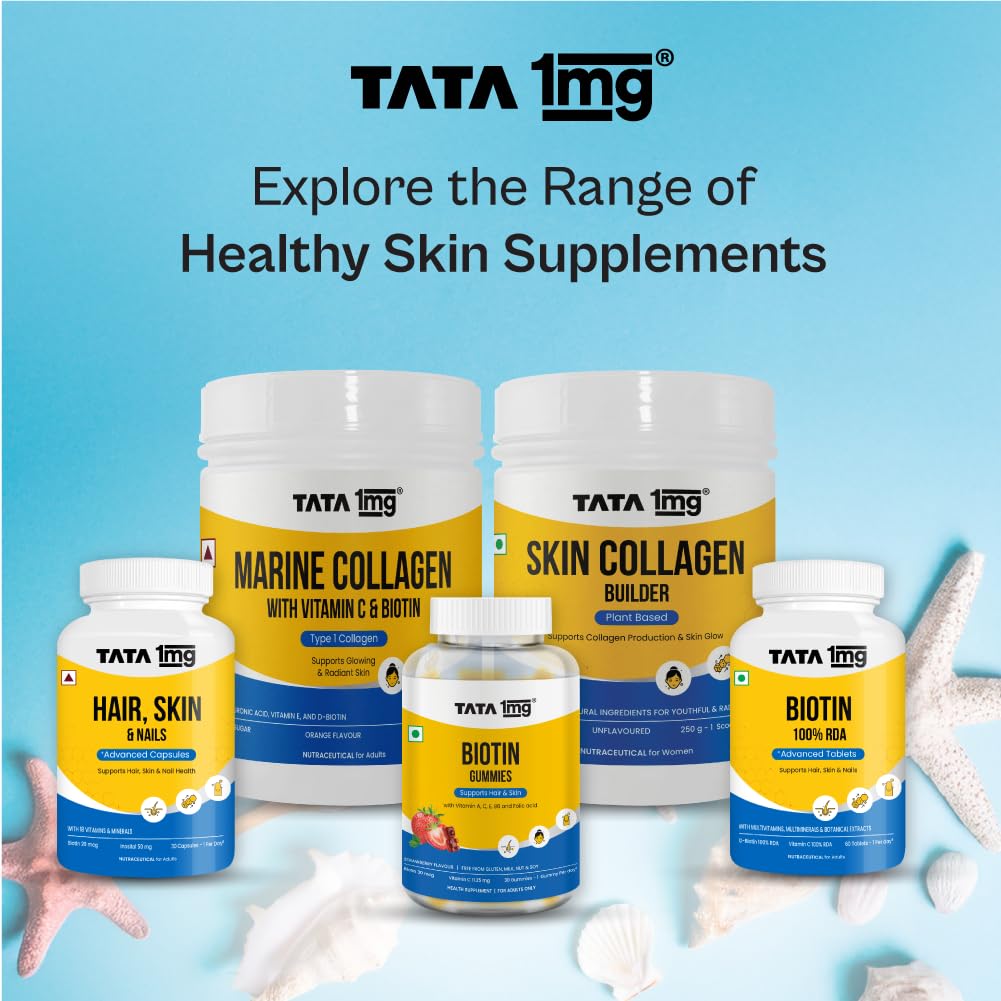 TATA 1mg Marine Collagen Powder | Fortified with Grape Seed Extract for Enhanced Results | Supports Skin, Hair & Nails | With Collagen Peptide for Hydration & Strength | Unflavored, 210g
