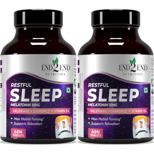 End2End Nutrition Restful Sleep with Melatonin 10mg and Tagar 250mg | Sleeping aid pills for Deep and Strong Sleep for Men and Women | Non-Habit Forming & Non-Addictive – 120 Tablets