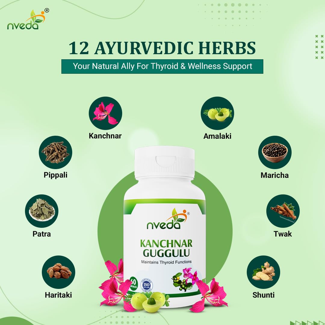 Nveda Kanchnar Guggulu Capsules | Ayurvedic Thyroid Support Supplement with Kanchanar Bark & Guggul | Supports Hormonal Balance & Metabolism | 60 Capsules