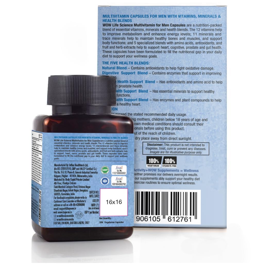 WOW Life Science Multivitamin for Men - with Glycine, Green Tea, Turmeric, Vitamins - 60 Veg Capsules (1C)