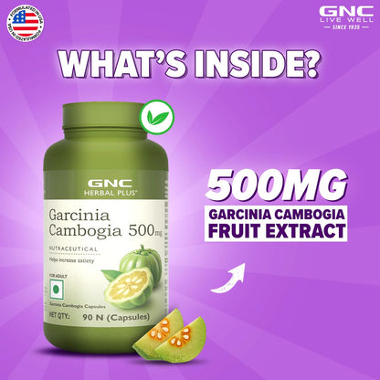 GNC Herbal Plus Garcinia Cambogia | 90 Capsules | Aids in Weight Loss | Controls Hunger Pangs | Helps Reduce Bad Fats | Improves Serotonin Level | Formulated in USA | 500mg Per Serving